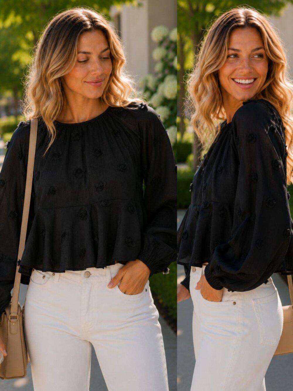 Maggie Tiered Mesh Blouse | Black Women's Top | Holiday Style | Textured Florals